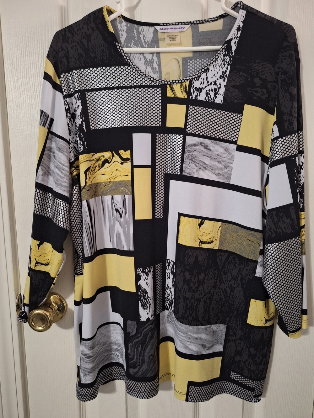 Allison Daley Black White Yellow Geometric Print Women's Top XL